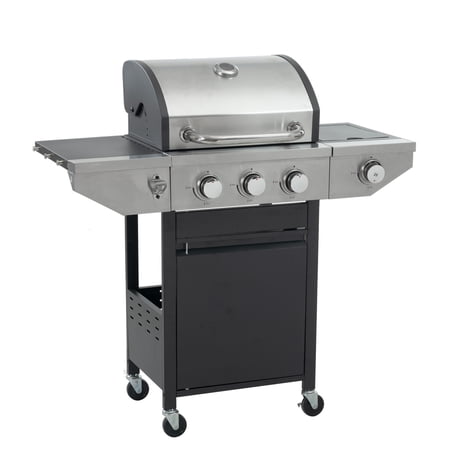 Propane Grill 3 Burner Barbecue Grill Stainless Steel Gas Grill with Side Burner, 37,000 BTU Outdoor Cooking, Patio, Garden Barbecue Grill, Black and Silver