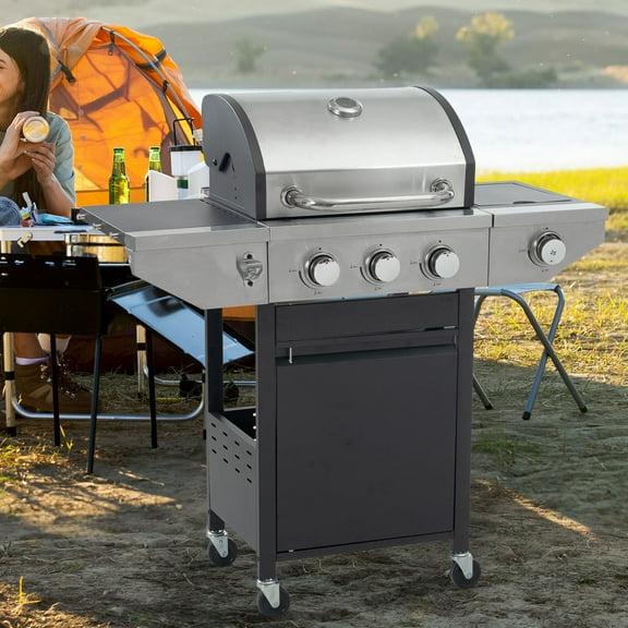 Propane Grill 3 Burner Barbecue Grill Stainless Steel Gas Grill with Side Burner, 37,000 BTU Outdoor Cooking, Patio, Garden Barbecue Grill, Black and Silver