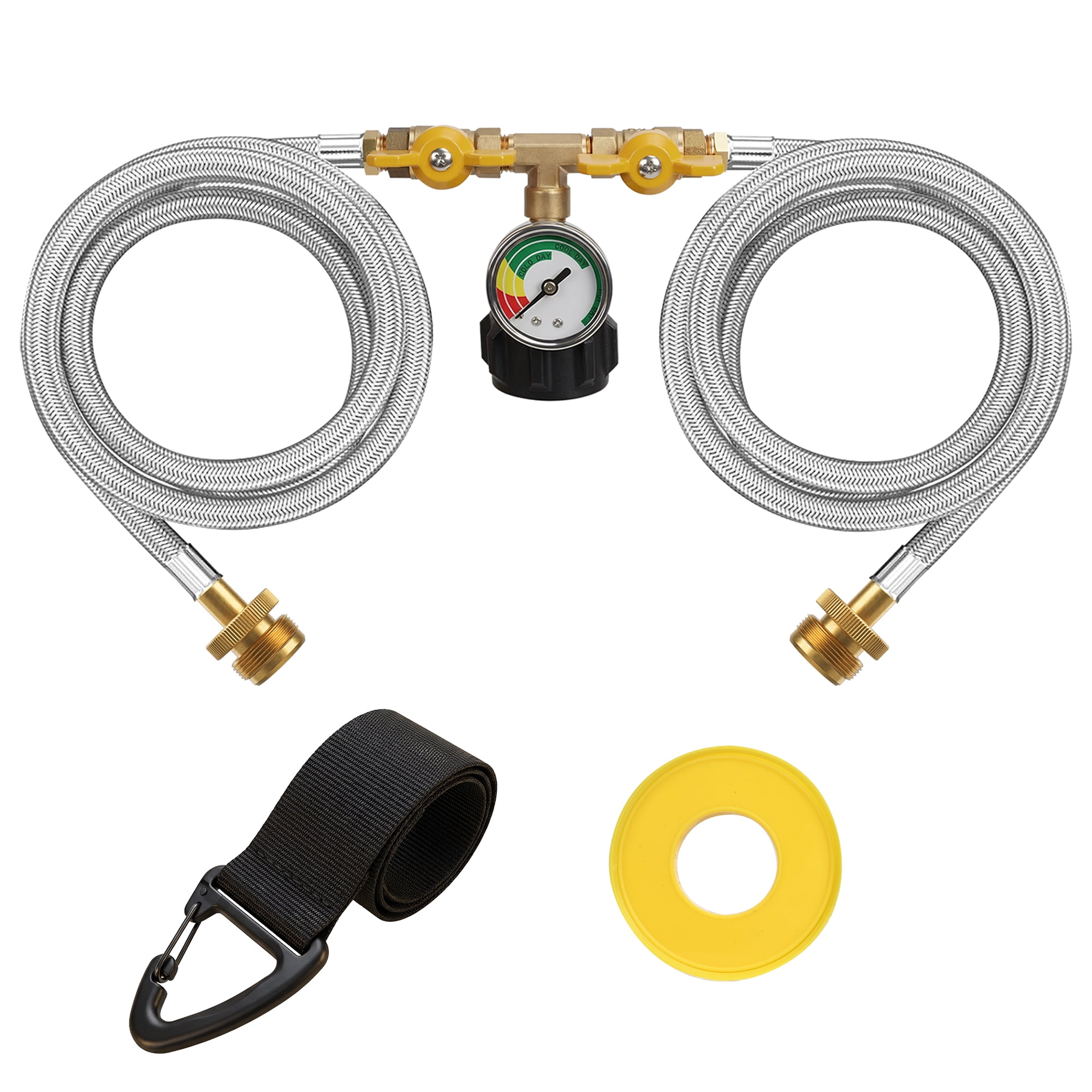 Propane Hose Splitter,5FT Stainless Braided Propane 2 Way Y Splitter Adapter Hose with Gauge,Propane Hose Adapter 1lb Appliance to QCC1 5-40lb Tank