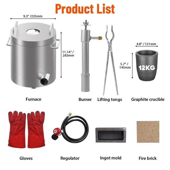 Propane Melting Furnace Kit 12KG Smelting Furnace Kit 1482°C/2700°F with Crucibles & Tongs Kiln,Stainless Steel Smelter for Metal Scrap Recycle,Gold Copper Silver Aluminum Metal Casting Machine