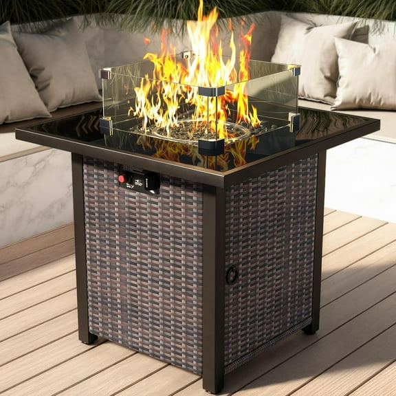 Propane Outdoor Fire Pit Table, 28" Rattan Square Fire Pit Table, Outdoor Gas FirePit W/Glass Wind Guard, Tempered Glass Tabletop, Lid, CSA Listed, 50,000 BTU, Outside Patio Deck & Garden, Brown