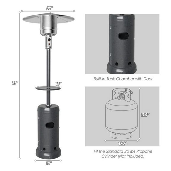 Propane Patio Heater Standing Outdoor LP Gas Steel Heater with Table & Wheels, 48000 BTU, Black/Brown/Gray/Silver, for Deck, Garden, Family Gatherings