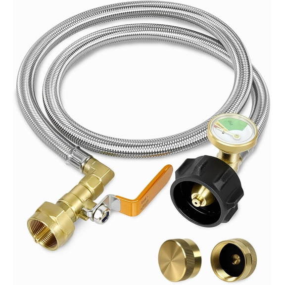 Propane Refill Adapter for 1 lb. Tanks, 3 FT Stainless Steel Hose with Pressure Gauge & ON-Off Control Valve, Fits QCC1/Type 1 Propane Tank, Fill 1LB Bottles from 20LB Cylinder, 2 Caps
