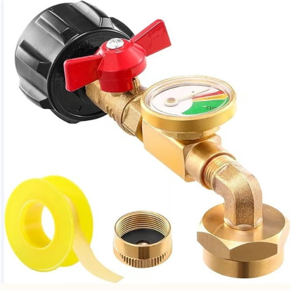 Propane Refill Adapter for 1Lb Tanks with Gauge and Valve, Brass Construction, Easy Operation, Leak-Proof Sealing, Suitable for Camping, Grilling, Heating
