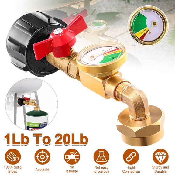 Propane Refill Adapter with Gas Level Gauge & ON-Off Control Valve, Solid Brass QCC1 Propane Tank Refill Elbow Fitting for 5-40LB Large Tank to 1LB Disposable Camping Propane Cylinder