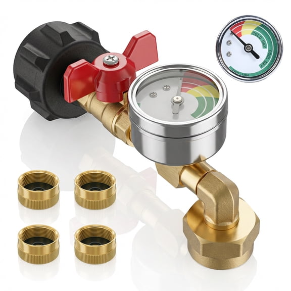 Propane Refill Adapter with Gauge, Solid Brass QCC1 Refill Elbow for 1LB Small Tank to 5-40LB Cylinders, Camping & Grill Use