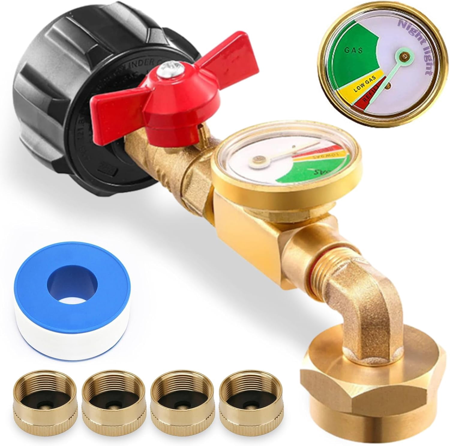 Propane Refill Adapter with Valve & Gauge, Solid Brass QCC1 Refill Elbow for 1LB Small Tank to 5-40LB Cylinders, Camping & Grill Use