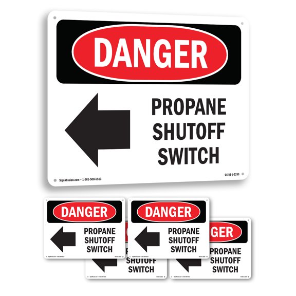 Propane Shutoff Switch [Left Arrow] OSHA Danger Aluminum Sign 24 Inch x 18 Inch - 5 Pack