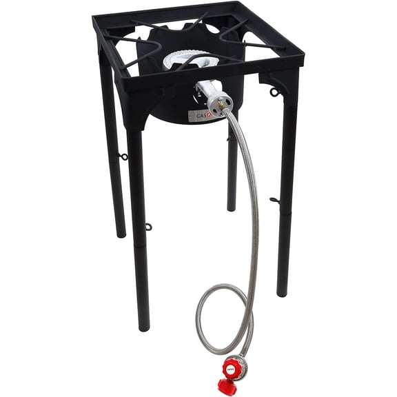 Propane Single Burner Camp Stove with High Temp Paint & Red QCC Steel Braided Regulator with Height Adjustable Leg