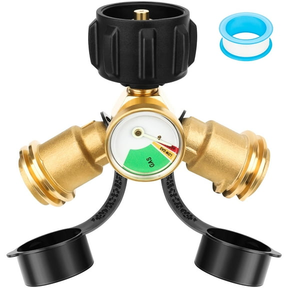 Propane Splitter,Propane Tank Y Splitter Adapter with Gauge,2 Way LP Gas Adapter Tee Connector for 20lb Propane Tank Cylinder,Work with BBQ Grills,Camping Stoves,Gas Burners