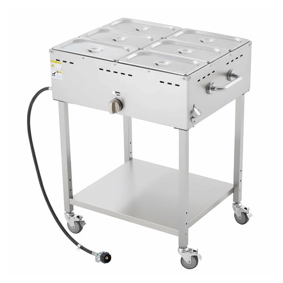 Commercial Propane Steam Table - 6 Pan LP Gas Warmer, Stainless Steel, Outdoor Soup/Food Warmer w/ Wheels & Drain Valve