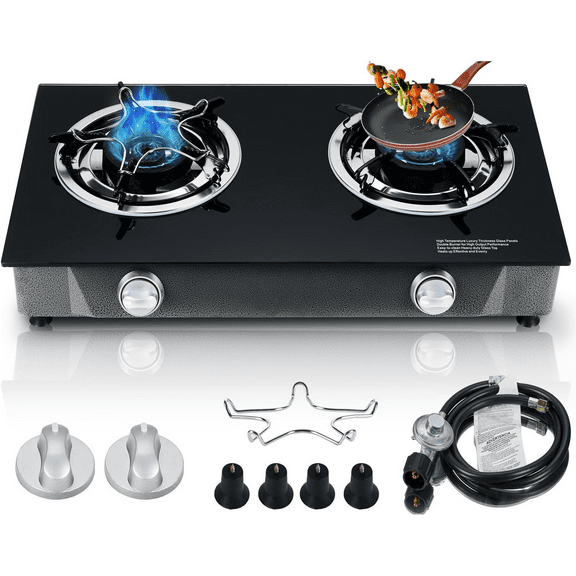 Propane Stove 2 Burner Gas Stove Auto Ignition 26000 BTU Tempered Glass Propane Burner LPG with CSA Hose for Outdoor Cooking, Emergency