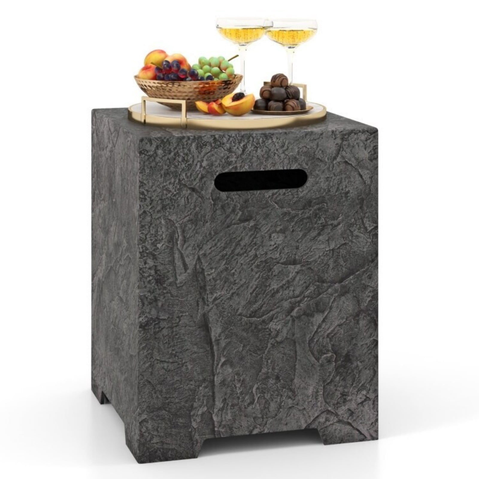 Propane Tank Cover Table 16" x 16", Outdoor Side Table for 20 lb Propane Tank, Stone Look Tank Hideaway with Waterproof PVC Cover & Adjustable Feet, Gray