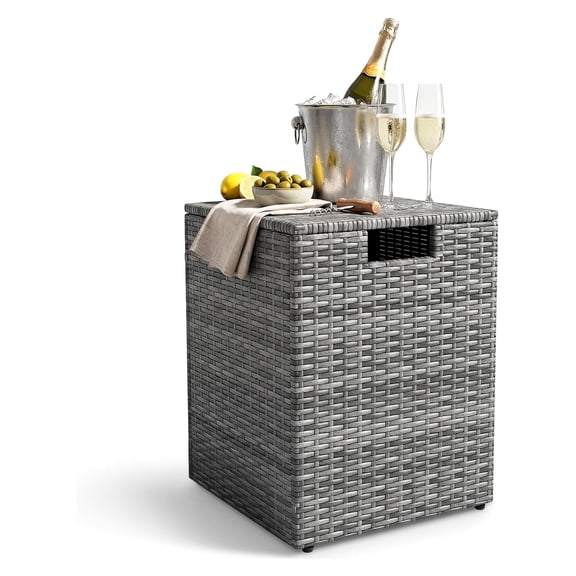 Propane Tank Cover,Wicker 2-in-1 Gas Storage Box with Flip-Lid,Adjustable Foot Pads,Outdoor Hideaway Side Table for Fire Pits,Grills,Stoves & Griddles,Mix Grey