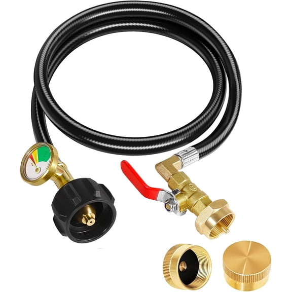 Propane Tank Refill Adapter Hose 3FT 20 Lb To 1 Lb Converter With Gauge ON OFF Control Valve 2 Bottle Caps