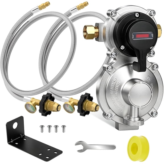 Propane Tank Regulator 2 Stage Auto Changeover LP Propane Gas Regulator&Two 36" RV Pigtail Propane Hoses with Gauge POL Connect 100 lb 1/4" Inverted Male Flare for Trailers and Camper RVs