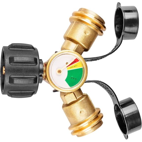 Propane Tank Splitter with Gauge, Propane Splitter 2 Way, Propane Y Splitter Adapter with Shut Off Valve, Propane Hose Splitter Manifold for Camping Stoves, Heater, BBQ Grills, Gas Burners and More