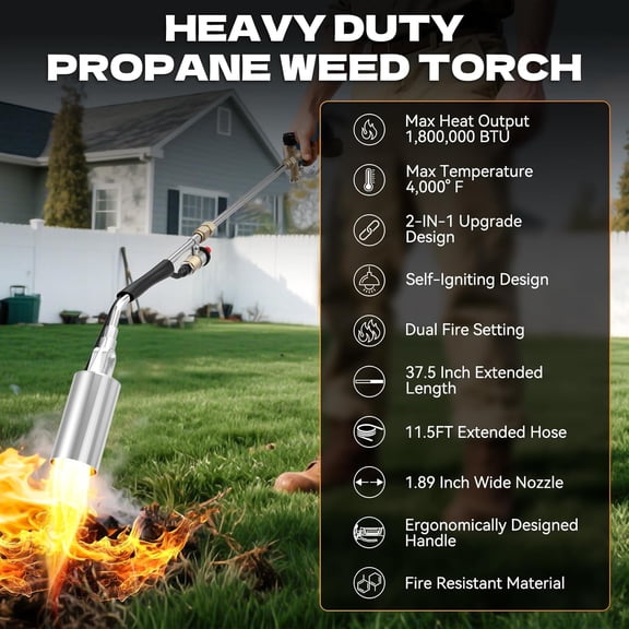 Propane Torch Weed Burner, 1,800,000 BTU Weed Torch with 11.5FT Hose, Heavy Duty Blow Torch for Weed with Self Igniter Turbo Trigger, Flame Weeder for Weeding, Roofing, BBQ (Blue)