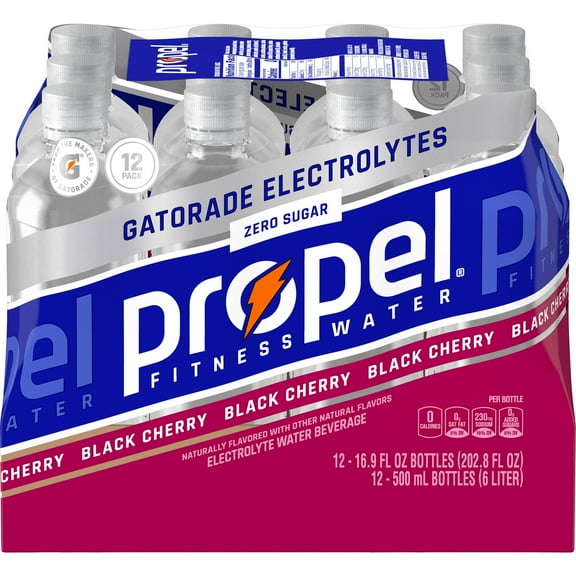 Propel Electrolyte Enhanced Water Sports Drink, Black Cherry Flavored Water, Zero Calorie & Zero Sugar Hydration with Electrolytes and Vitamins C & E, 16.9 fl oz Water Bottles (12 Pack)