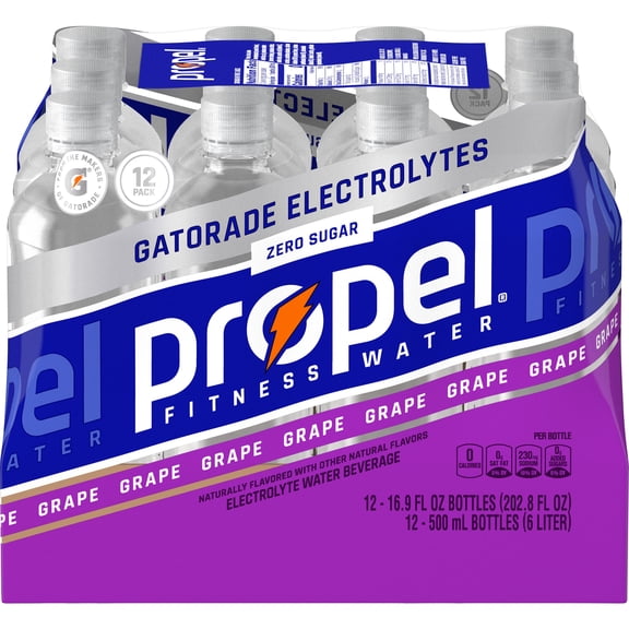 Propel Electrolyte Enhanced Water Sports Drink, Grape Flavored Water, Zero Calorie & Zero Sugar Hydration with Electrolytes and Vitamins C & E, 16.9 fl oz Water Bottles (12 Pack)