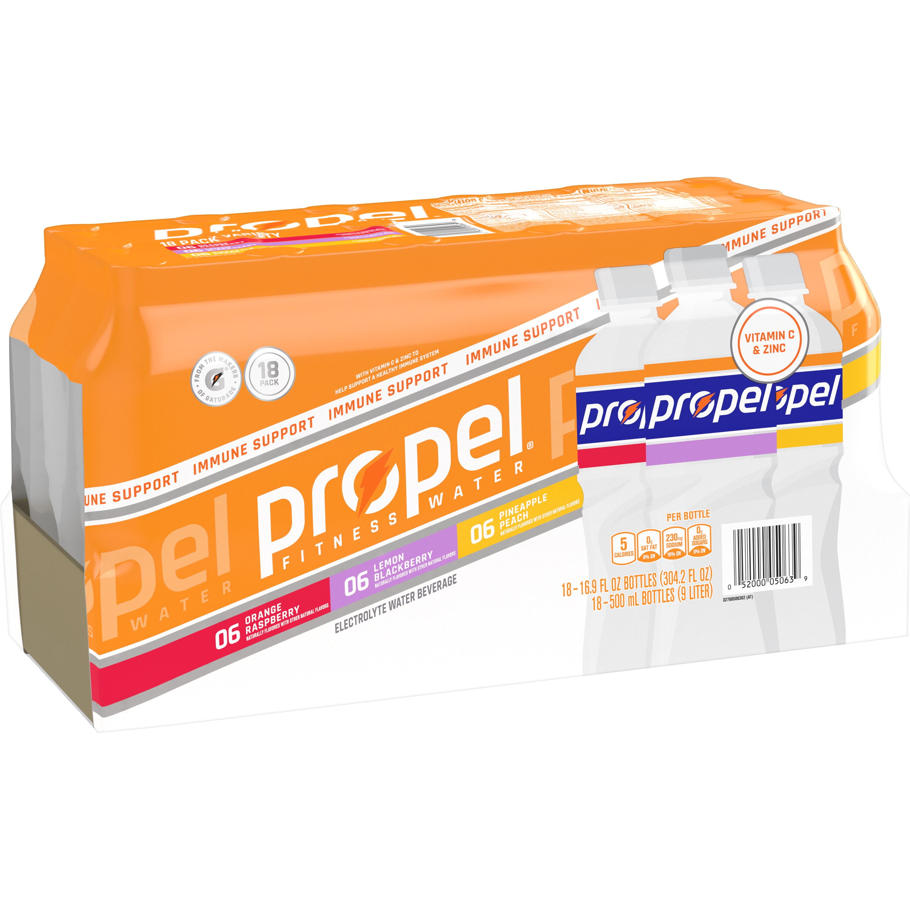Propel Immune Support Electrolyte Enhanced Water Sports Drink, Variety Pack Water, Zero Calorie & Zero Sugar Hydration with Electrolytes and Vitamins, 16.9 Fl oz 18 Count Bottles