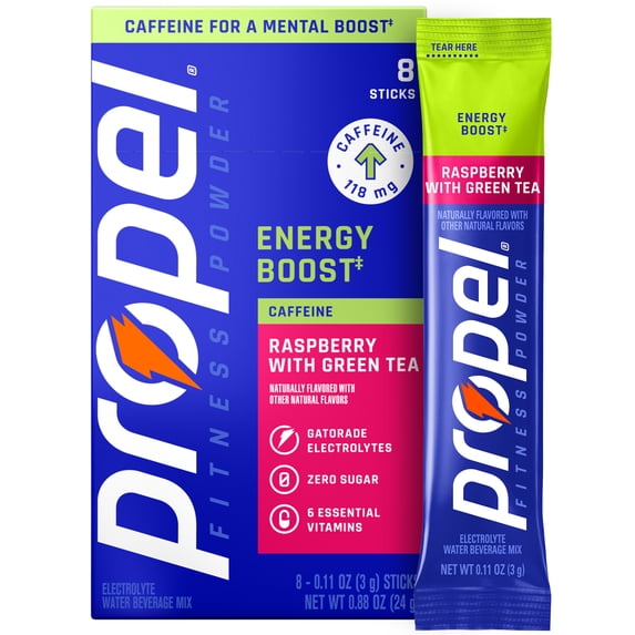Propel Energy Boost Zero Sugar Raspberry Green Tea, On the Go Packs, Electrolyte Powder Drink Mix, 0.11 oz, 8 Count packets