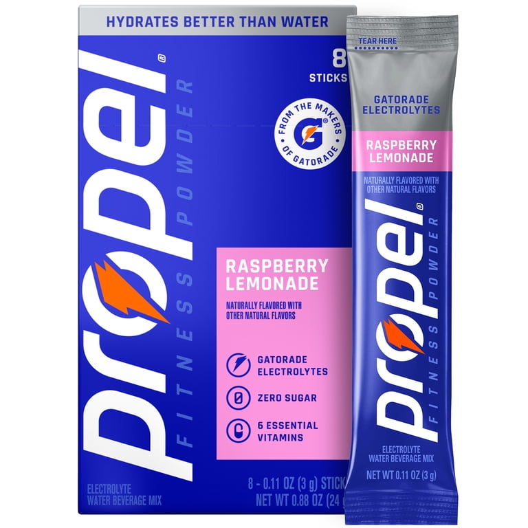 Propel Zero Sugar Raspberry Lemonade, On the Go Packs, Electrolyte Powder Drink Mix, 0.11 oz, 8 Count packets Propel Zero Sugar Raspberry Lemonade, On the Go Packs, Electrolyte Powder Drink Mix, 0.11 oz, 8 Count packets