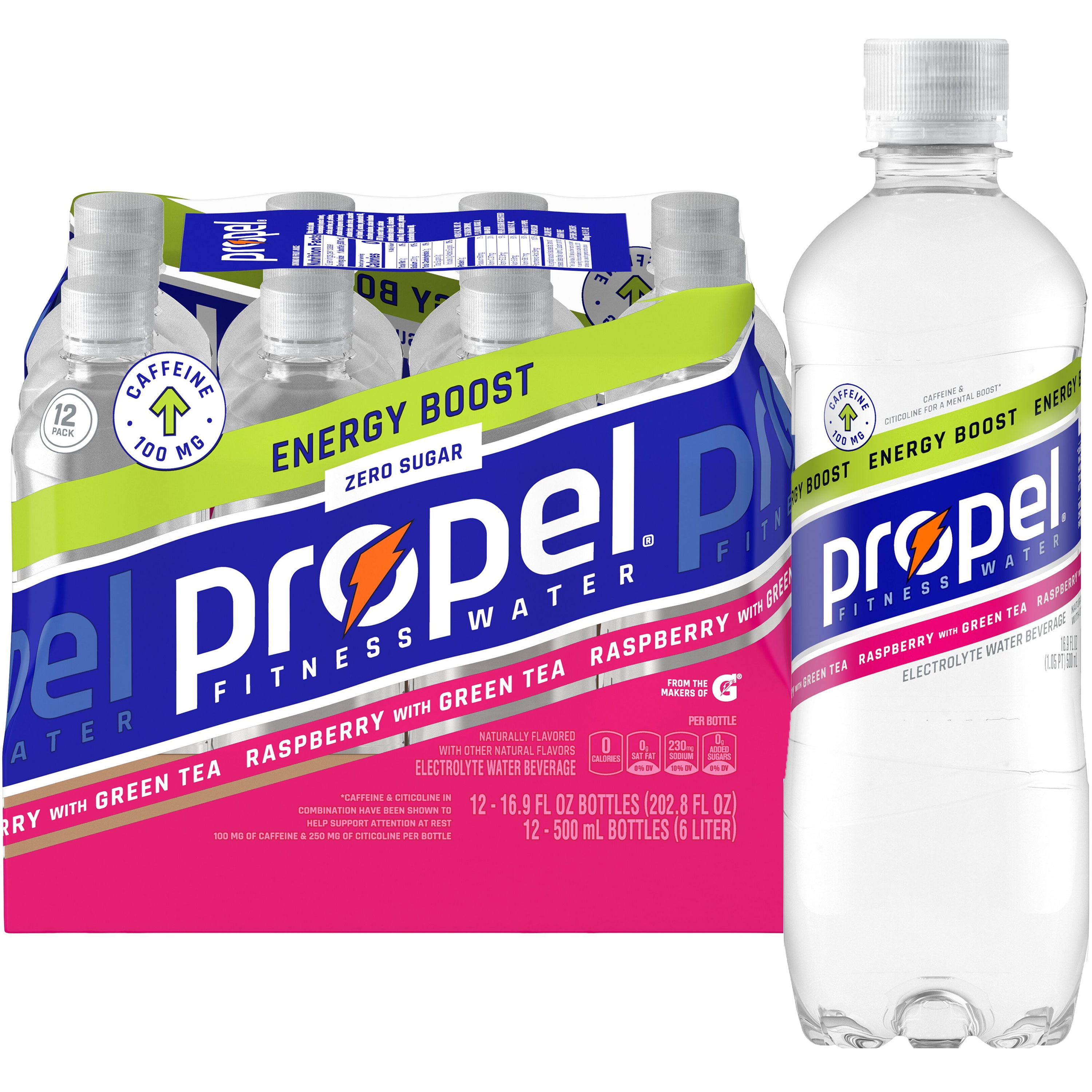 Propel Energy Boost Electrolyte Water Beverage, Raspberry with Green Tea 16.9 fl oz, 12 Ct.