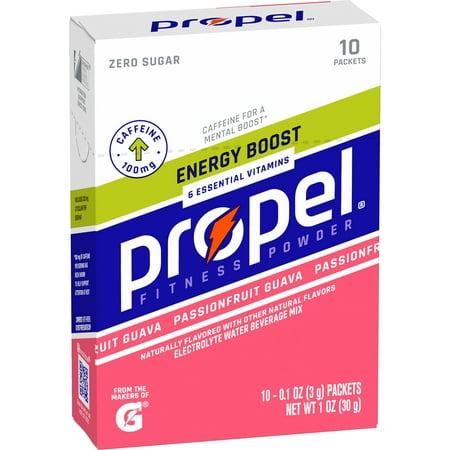 Propel Electrolyte Enhanced Water Drink Mix Powder Packets, Passionfruit Guava, Zero Calorie & Zero Sugar Hydration with Electrolytes and Vitamins C & E, (10 Packets)