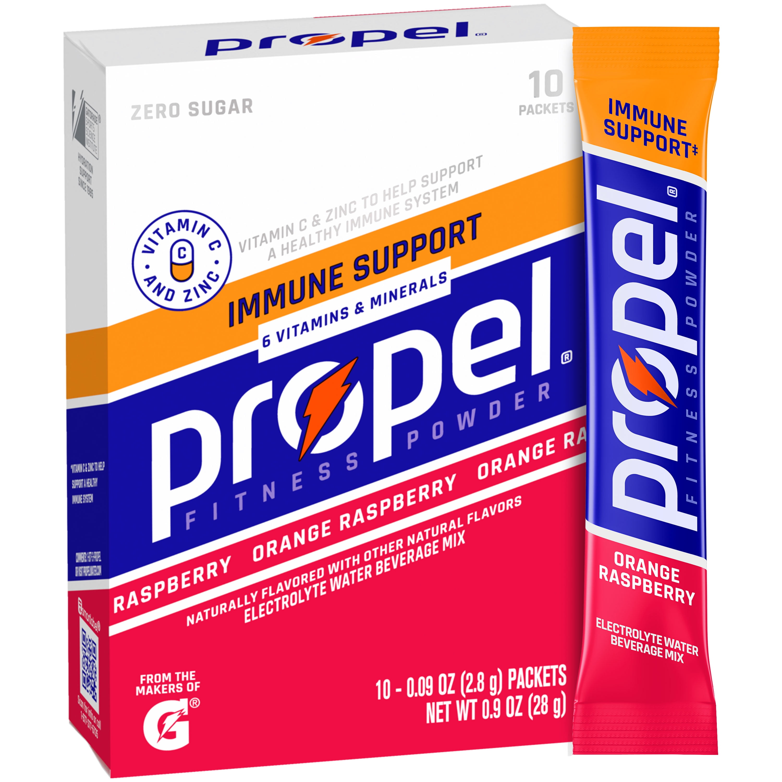 Propel Immune Support Electrolyte Drink Mix Powder, Orange Raspberry, 10 Count Packets