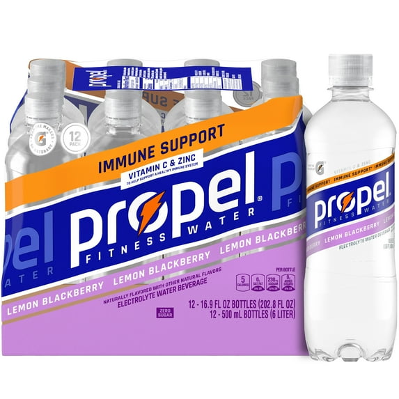 Propel Immune Support Electrolyte Enhanced Water Sports Drink, Lemon Blackberry Flavored Water, Zero Calorie & Zero Sugar Hydration with Electrolytes and Vitamins, 16.9 fl oz Water Bottles (12 Pack)