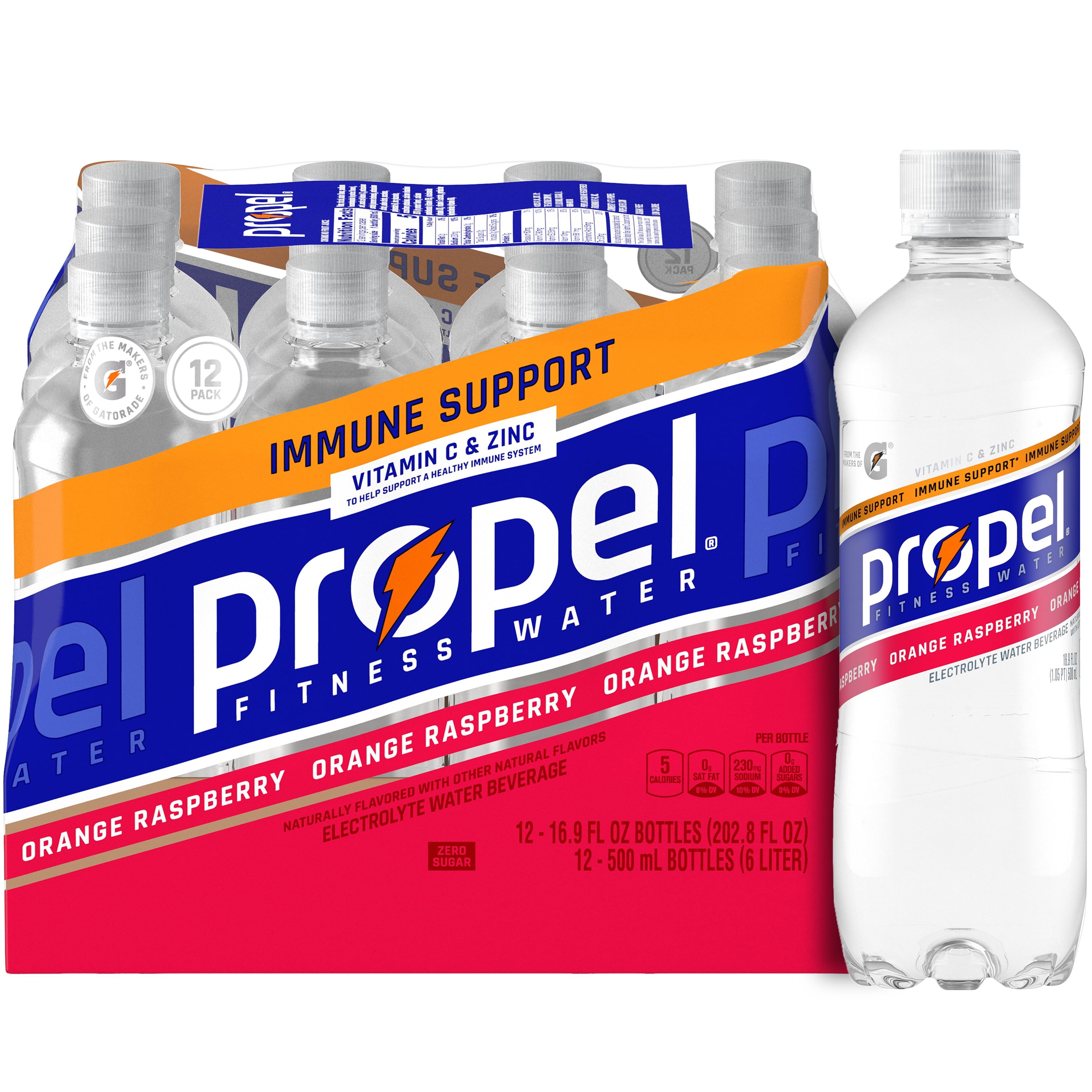 Propel Immune Support Electrolyte Enhanced Water Sports Drink, Orange Raspberry Flavored Water, Zero Calorie & Zero Sugar Hydration with Electrolytes and Vitamins, 16.9 fl oz Water Bottles (12 Pack)