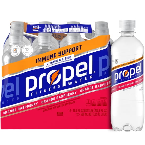 Propel Immune Support Electrolyte Enhanced Water Sports Drink, Orange Raspberry Flavored Water, Zero Calorie & Zero Sugar Hydration with Electrolytes and Vitamins, 16.9 fl oz Water Bottles (12 Pack)