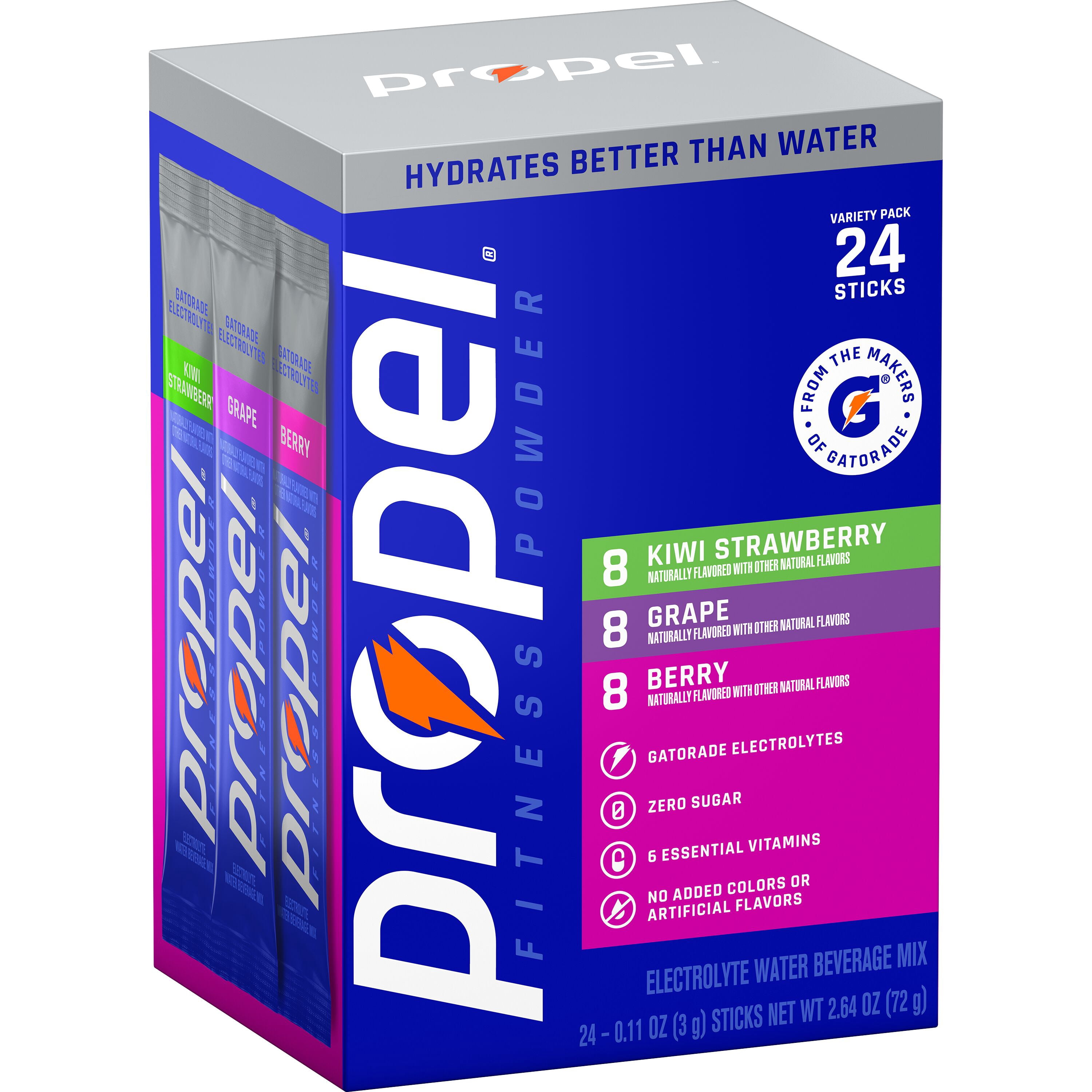Propel Zero Sugar Berry, Grape and Kiwi Strawberry, On the Go Packs, Electrolyte Powder Drink Mix, 0.11 oz, 24 Count packets