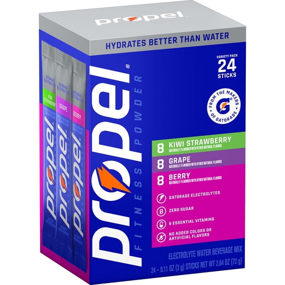 Propel Zero Sugar Berry, Grape and Kiwi Strawberry, On the Go Packs, Electrolyte Powder Drink Mix, 0.11 oz, 24 Count packets
