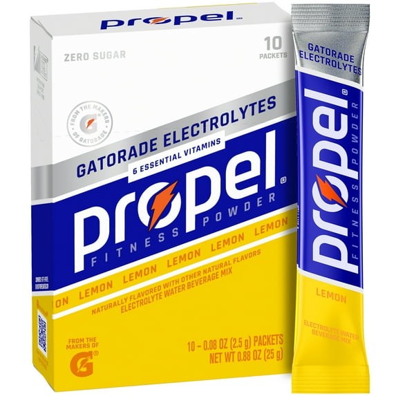 Propel Electrolyte Enhanced Water Drink Mix Powder Packets, Lemon, Zero Calorie & Zero Sugar Hydration with Electrolytes and Vitamins C & E, (10 Packets)