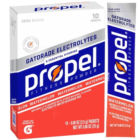 Propel Electrolyte Enhanced Water Drink Mix Powder Packets, Watermelon, Zero Calorie & Zero Sugar Hydration with Electrolytes and Vitamins C & E, (10 Packets)