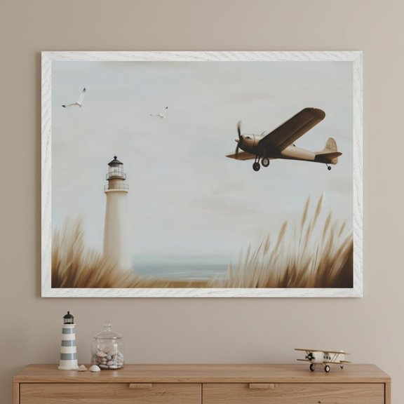 Propeller Plane Nostalgic Coastal Vibes Lighthouse Beach House Retro Wall Decor Unframed Paper Print