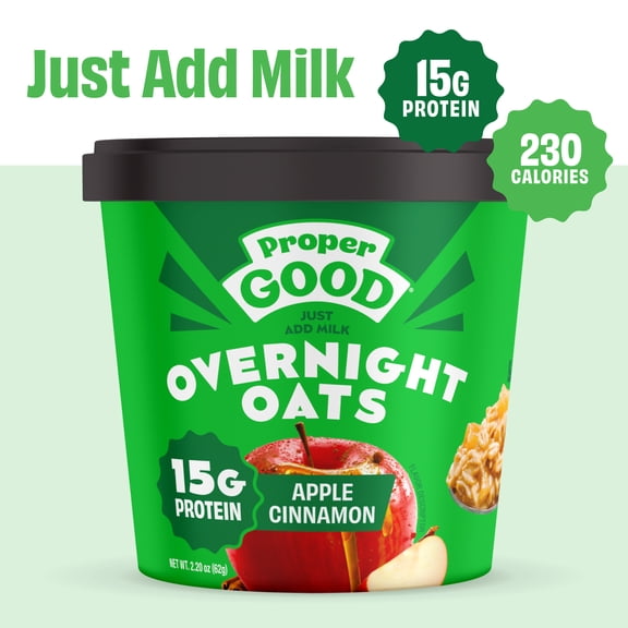 Proper Good Apple Cinnamon Overnight Oats, 15g Protein, Shelf-Stable, 2.2 oz Tub