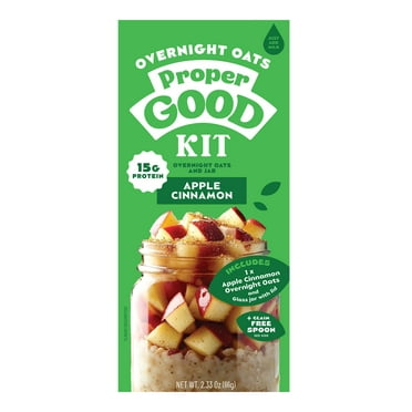 Proper Good Apple Cinnamon Overnight Oats Kit, 15g Protein, Shelf-Stable, 2.33 oz Packet, Glass Jar