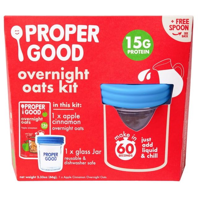 Proper Good Apple Cinnamon Overnight Oats Kit, 15g Protein, Shelf-Stable, 2.33 oz Packet, Glass Jar