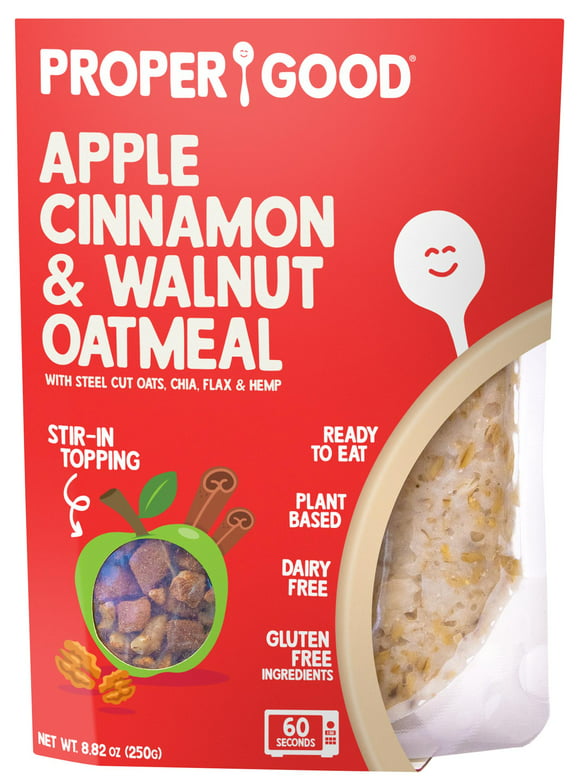 Proper Good Instant Oatmeal, Apple Cinnamon & Walnut, Steel Cut Oats, Shelf-Stable, 8.8 oz Packet