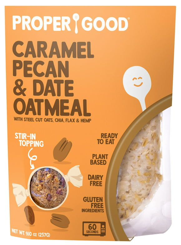 Proper Good Instant Oatmeal, Caramel, Pecan and Date, Steel Cut Oats, Shelf-Stable, 9.1 oz Packet