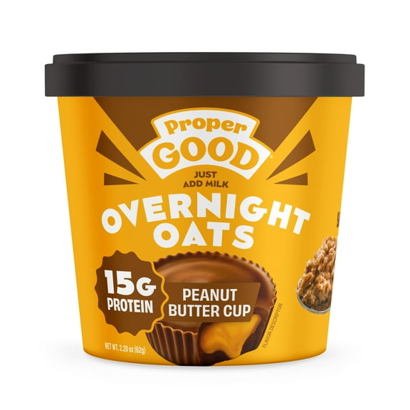 Proper Good Peanut Butter Cup Overnight Oats, 15g Protein, Shelf-Stable 2.2 oz Tub
