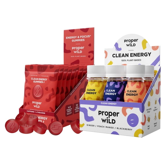 Proper Wild Clean Energy Bundle Originals Variety Energy Shots (6-Pack) + Strawberry Energy Gummies (10-Pack) Organic Caffeine + L-Theanine, Plant-Based