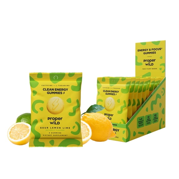 Proper Wild, Natural Clean Energy Gummies, Caffeine & L-Theanine, Sour Lemon Lime, 10-Pack