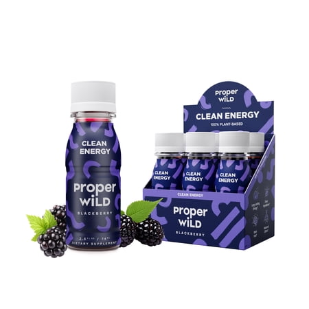 Proper Wild, Natural Clean Energy Shots, Caffeine & L-Theanine, Blackberry, 6-Pack