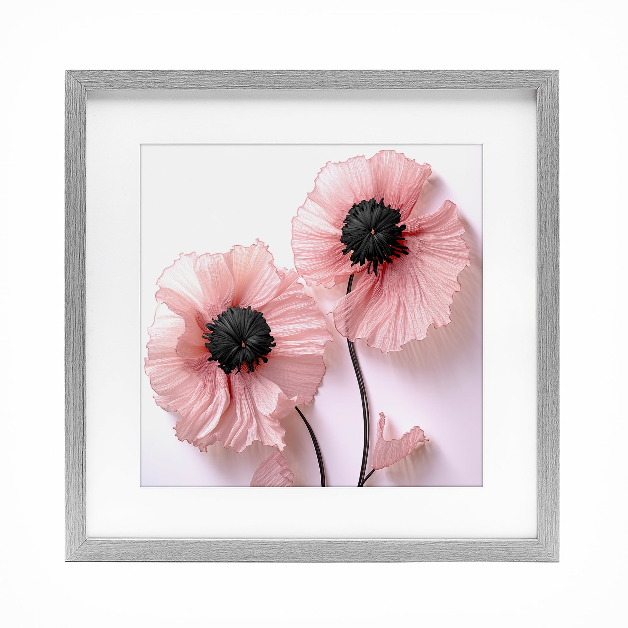 Properly Pink Poppies Gray Framed Print Under Glass, design by Sasha