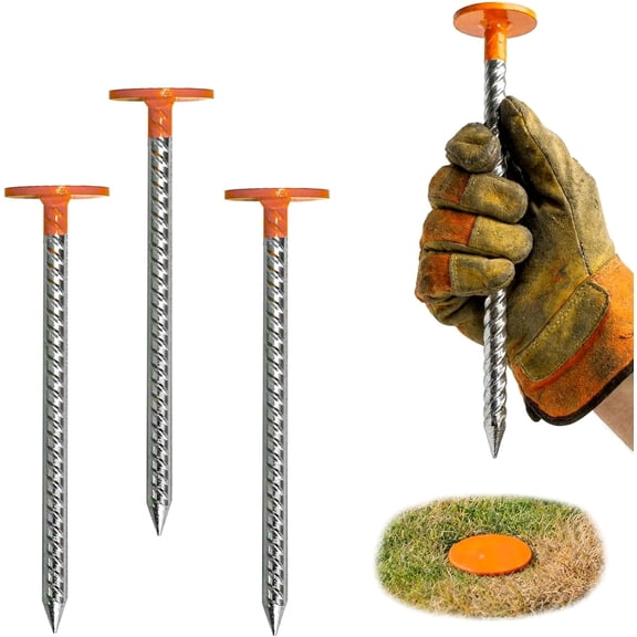 Property Line Markers 4 Pack 12 x 2.7 Inch Heavy Duty Survey Stakes, 1.35 LB Galvanized Rebar Stakes with Blaze Orange Head for Land Surveying, Construction Layout & Boundary Marking