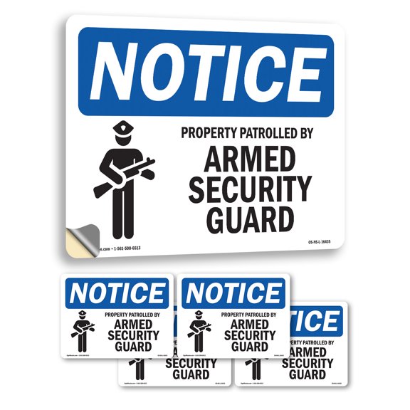 Property Patrolled By Armed Security Guard OSHA Notice Vinyl Decal Label 5 Inch x 3.5 Inch - 5 Pack